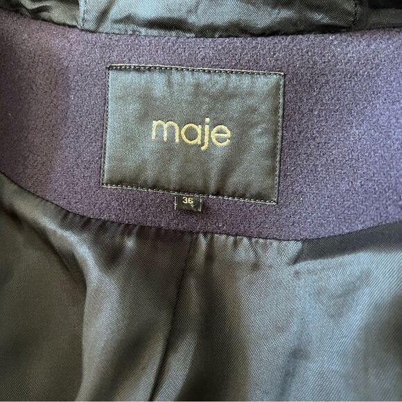 MAJE Wool & Leather Hooded Navy Blue Coat Size 36/S - Picture 6 of 7